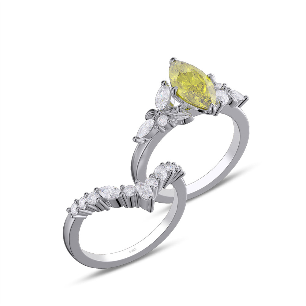 Marquise Cut Citrine Yellow Sterling Silver Leaf Bridal Ring Sets