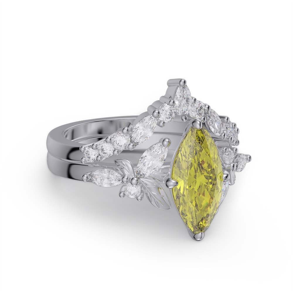 Marquise Cut Citrine Yellow Sterling Silver Leaf Bridal Ring Sets