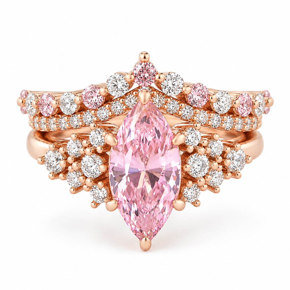 Marquise Cut Fancy Pink Sterling Silver Bridal Ring Sets