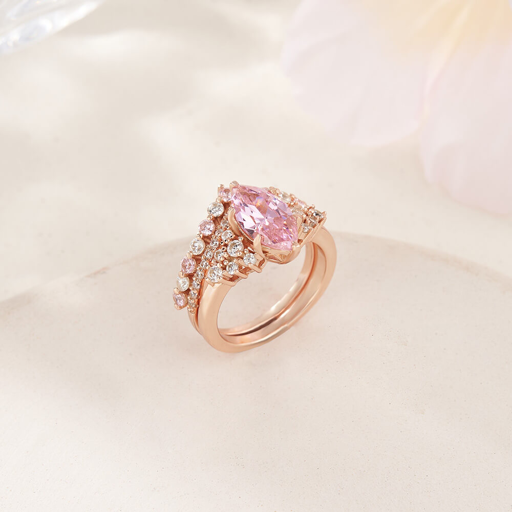 Marquise Cut Fancy Pink Sterling Silver Bridal Ring Sets