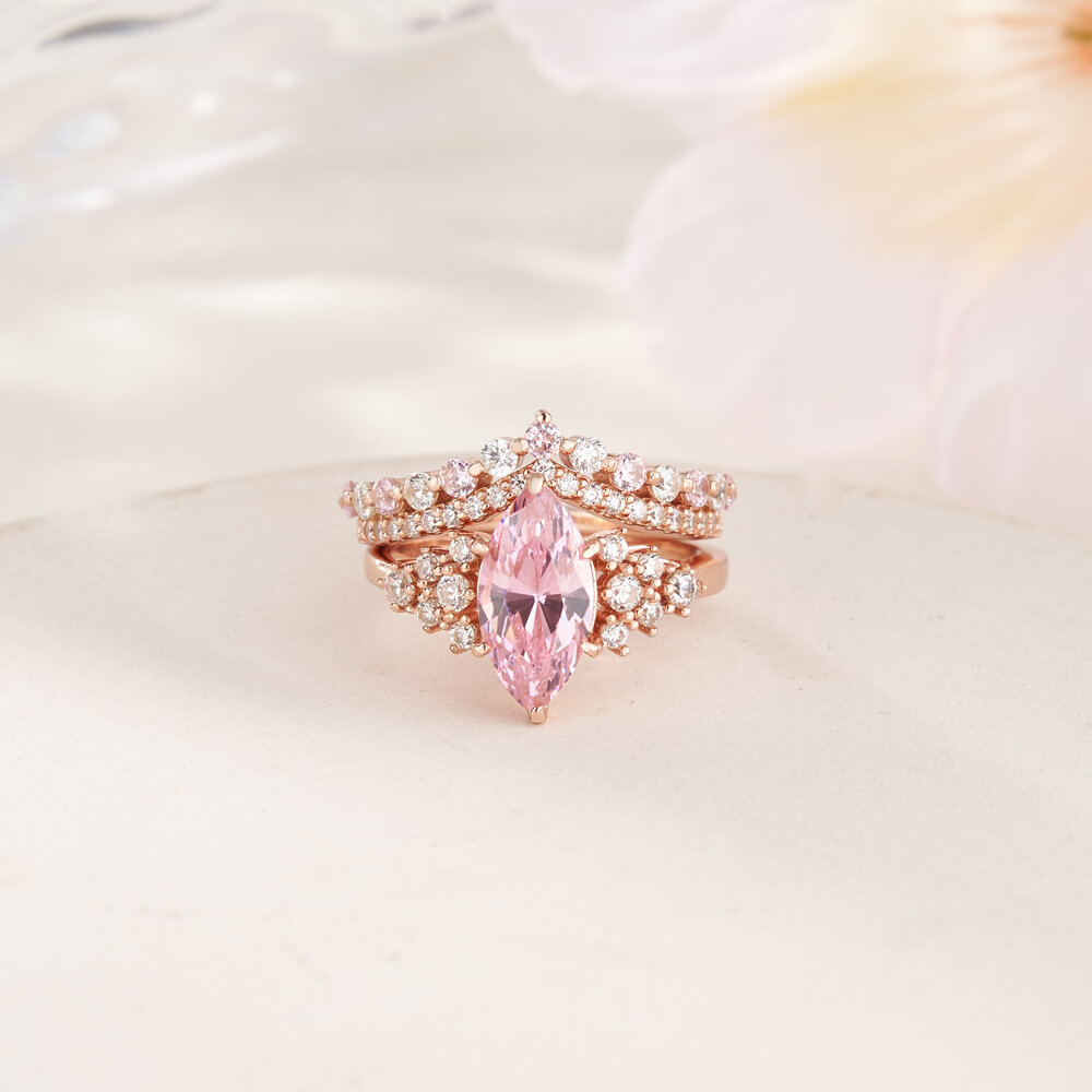 Marquise Cut Fancy Pink Sterling Silver Bridal Ring Sets