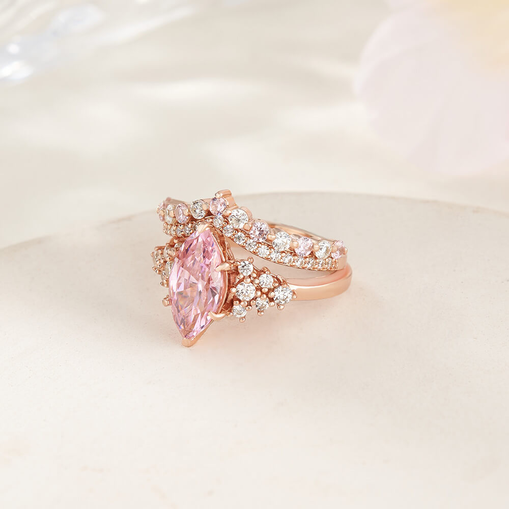 Marquise Cut Fancy Pink Sterling Silver Bridal Ring Sets