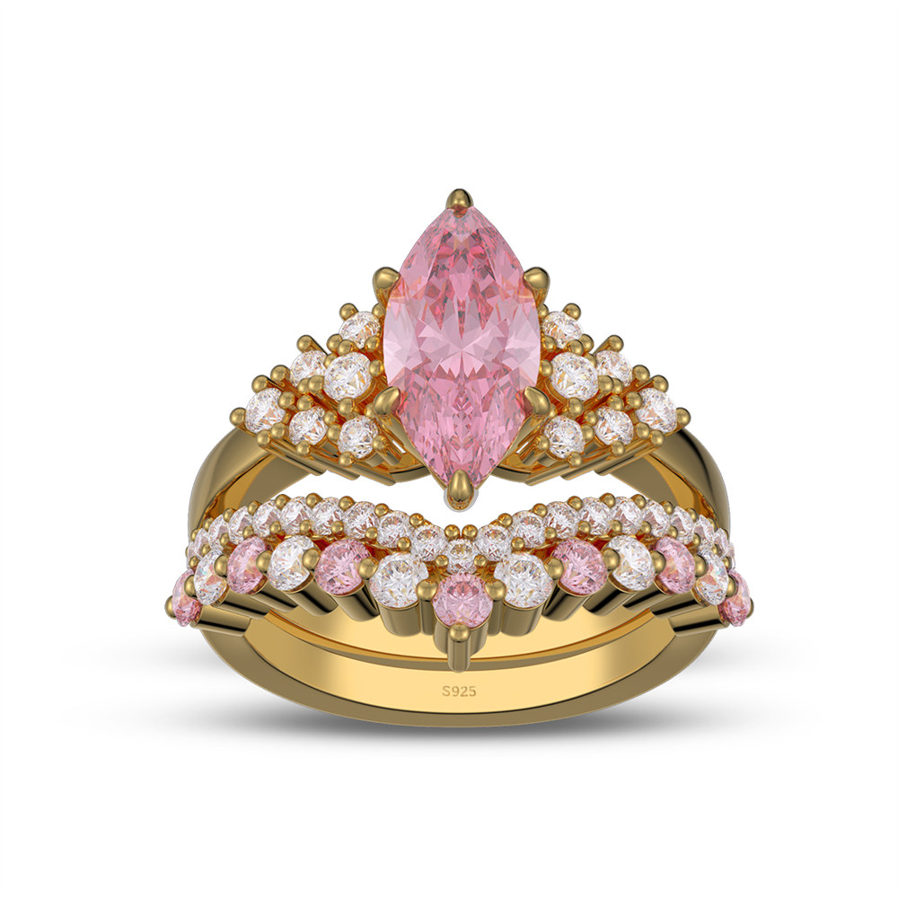 Marquise Cut Fancy Pink Sterling Silver Bridal Ring Sets