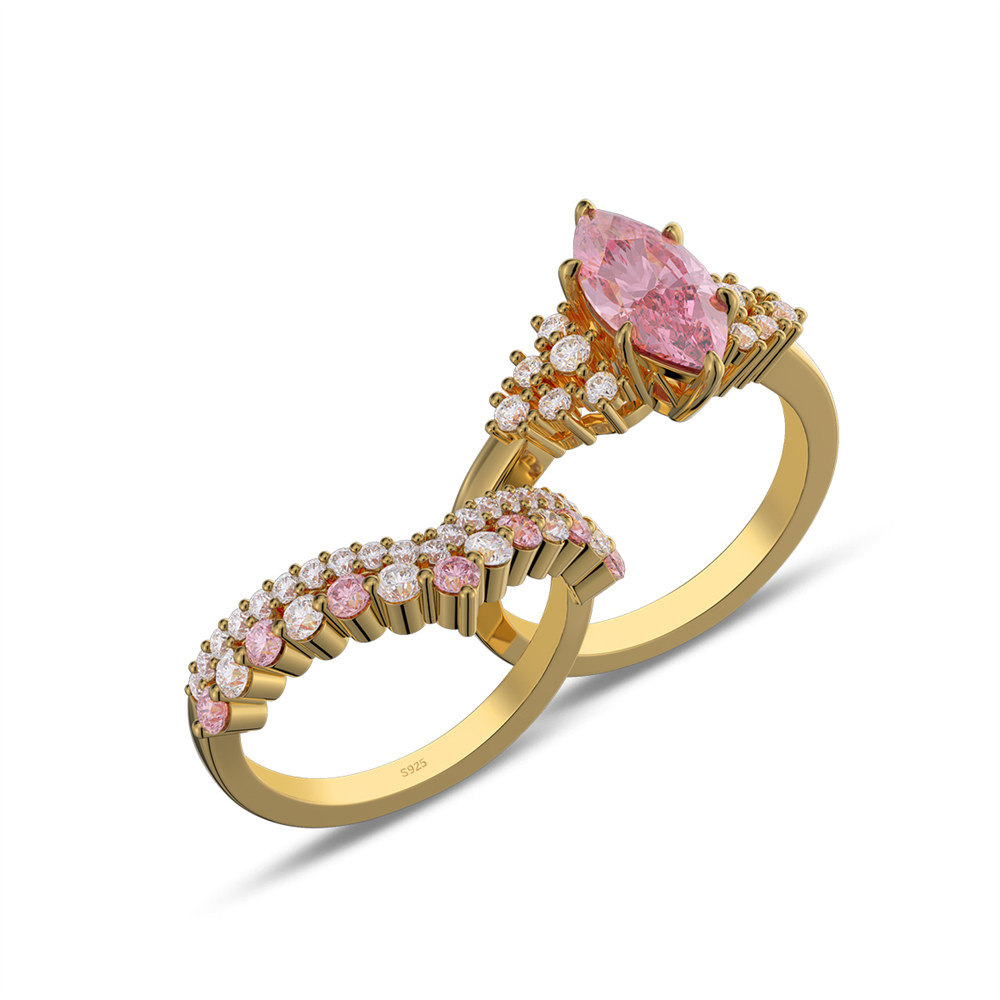 Marquise Cut Fancy Pink Sterling Silver Bridal Ring Sets