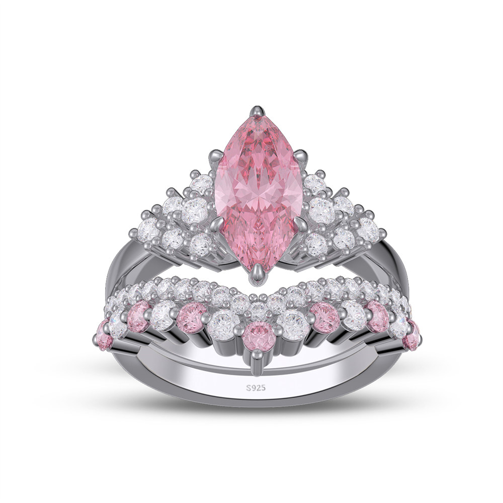 Marquise Cut Fancy Pink Sterling Silver Bridal Ring Sets