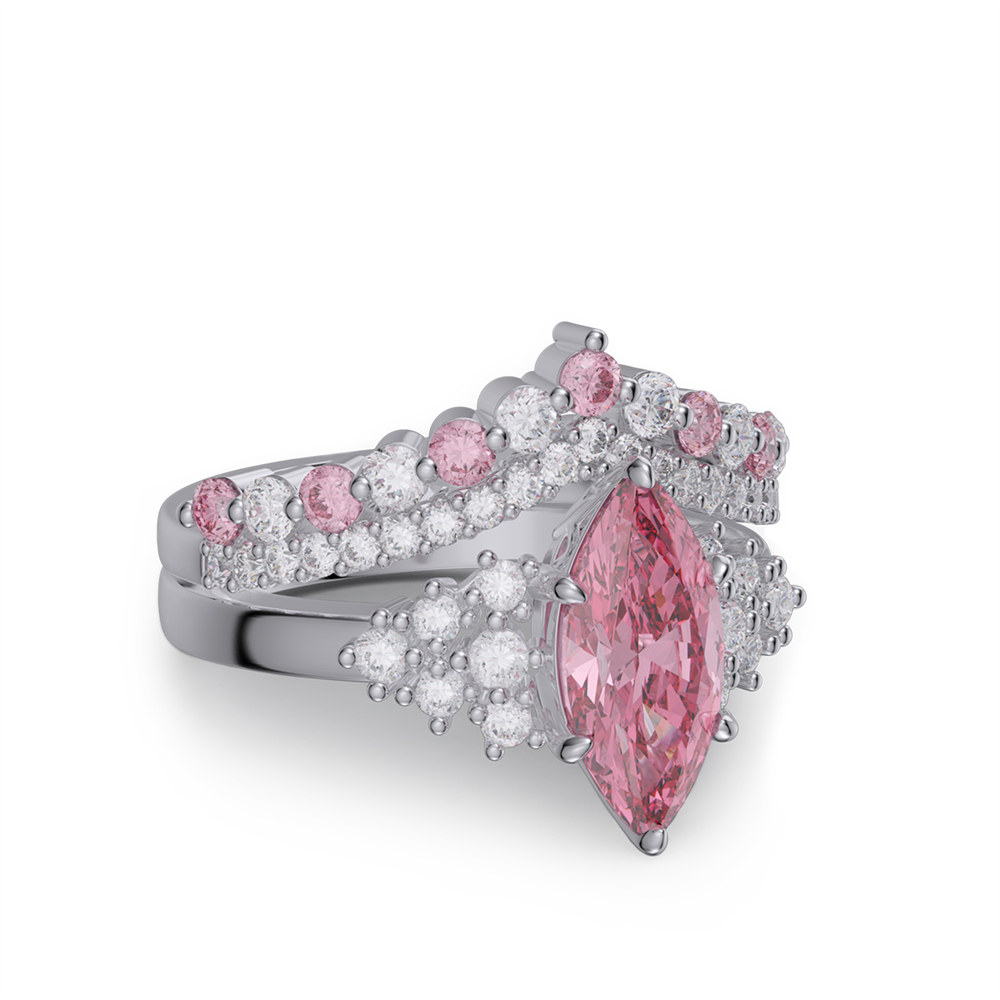 Marquise Cut Fancy Pink Sterling Silver Bridal Ring Sets