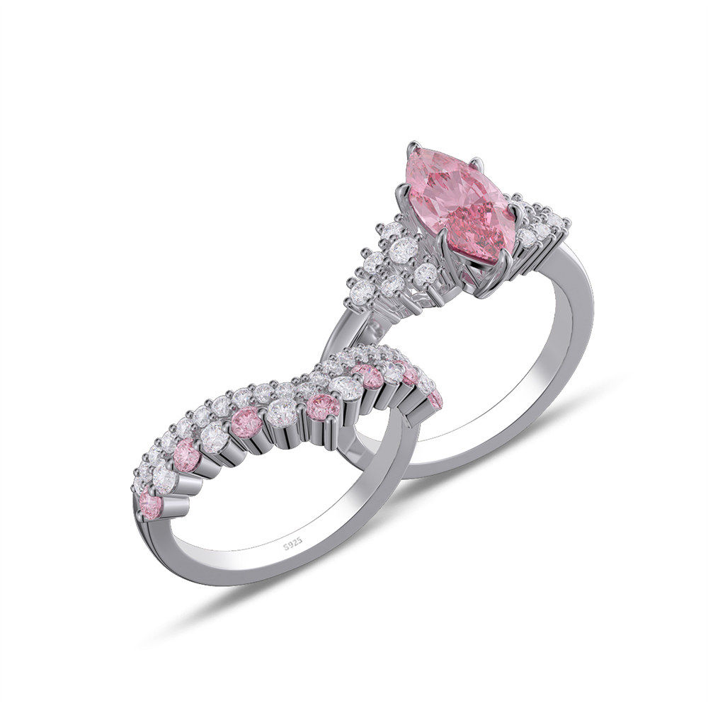 Marquise Cut Fancy Pink Sterling Silver Bridal Ring Sets
