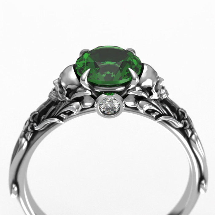 Round Cut Emerald Green 925 Sterling Silver Skull Ring