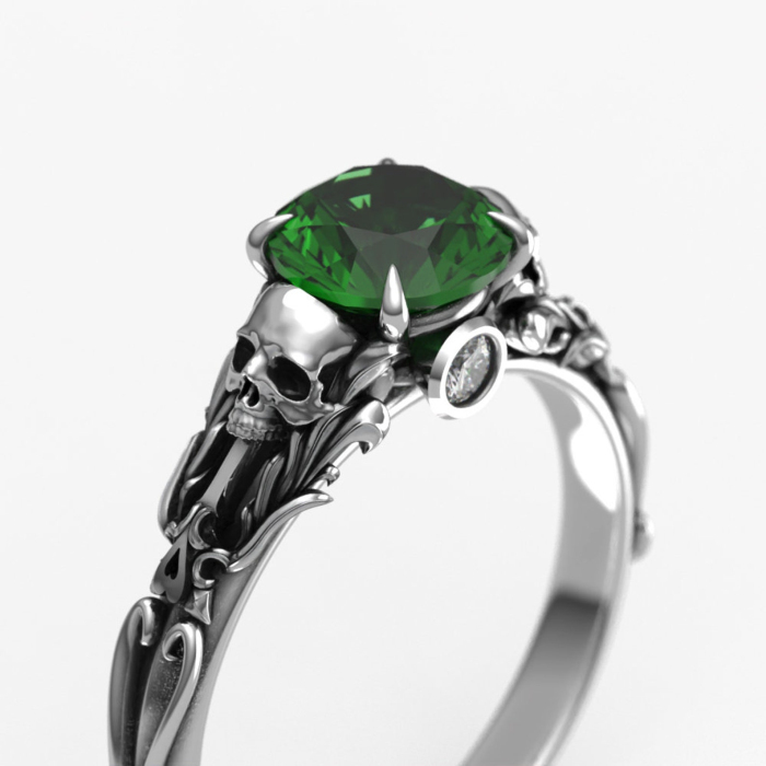 Round Cut Emerald Green 925 Sterling Silver Skull Ring