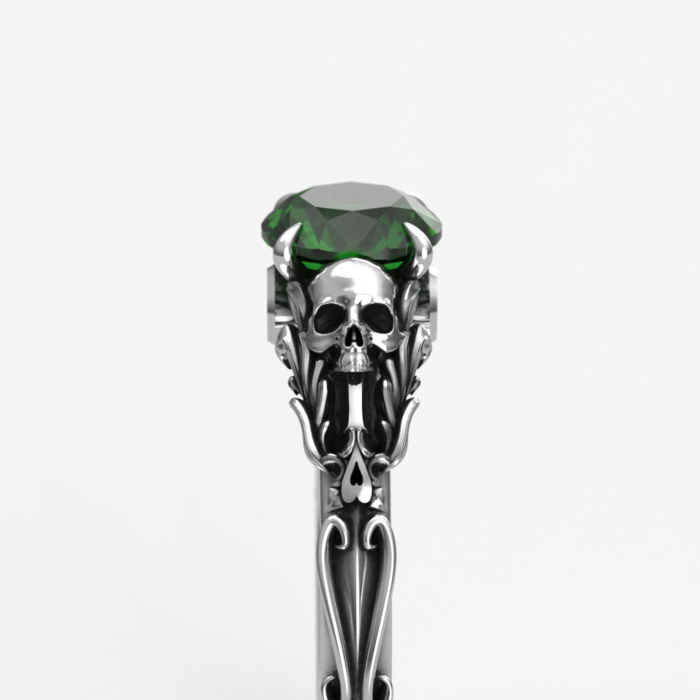 Round Cut Emerald Green 925 Sterling Silver Skull Ring