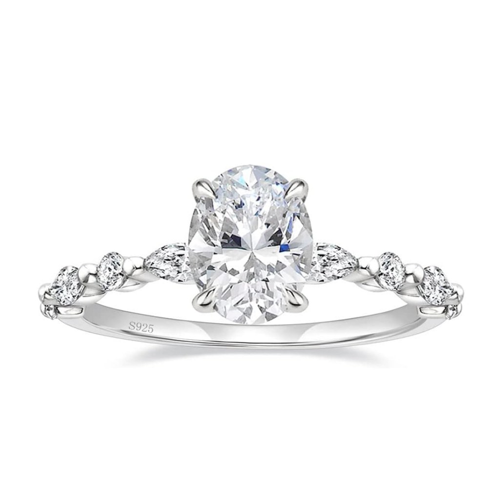 Solitaire Oval Cut Diamond White Sterling Silver Maqquise Sidestone Engagement Ring