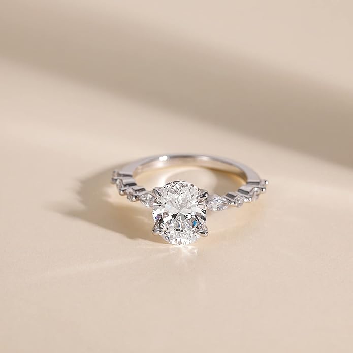Solitaire Oval Cut Diamond White Sterling Silver Maqquise Sidestone Engagement Ring