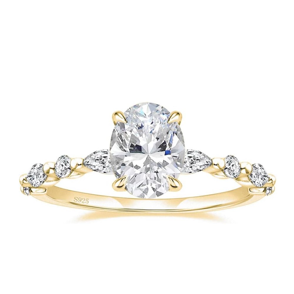 Solitaire Oval Cut Diamond White Sterling Silver Maqquise Sidestone Engagement Ring