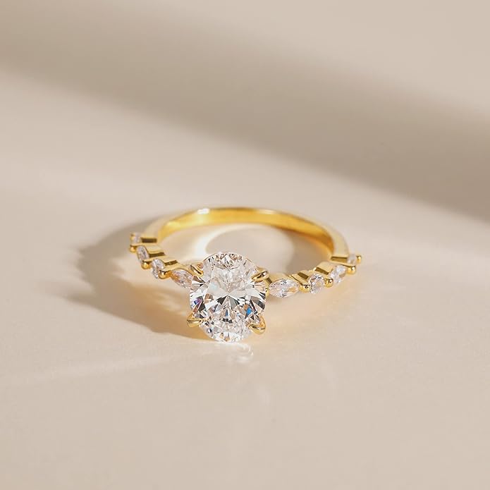 Solitaire Oval Cut Diamond White Sterling Silver Maqquise Sidestone Engagement Ring