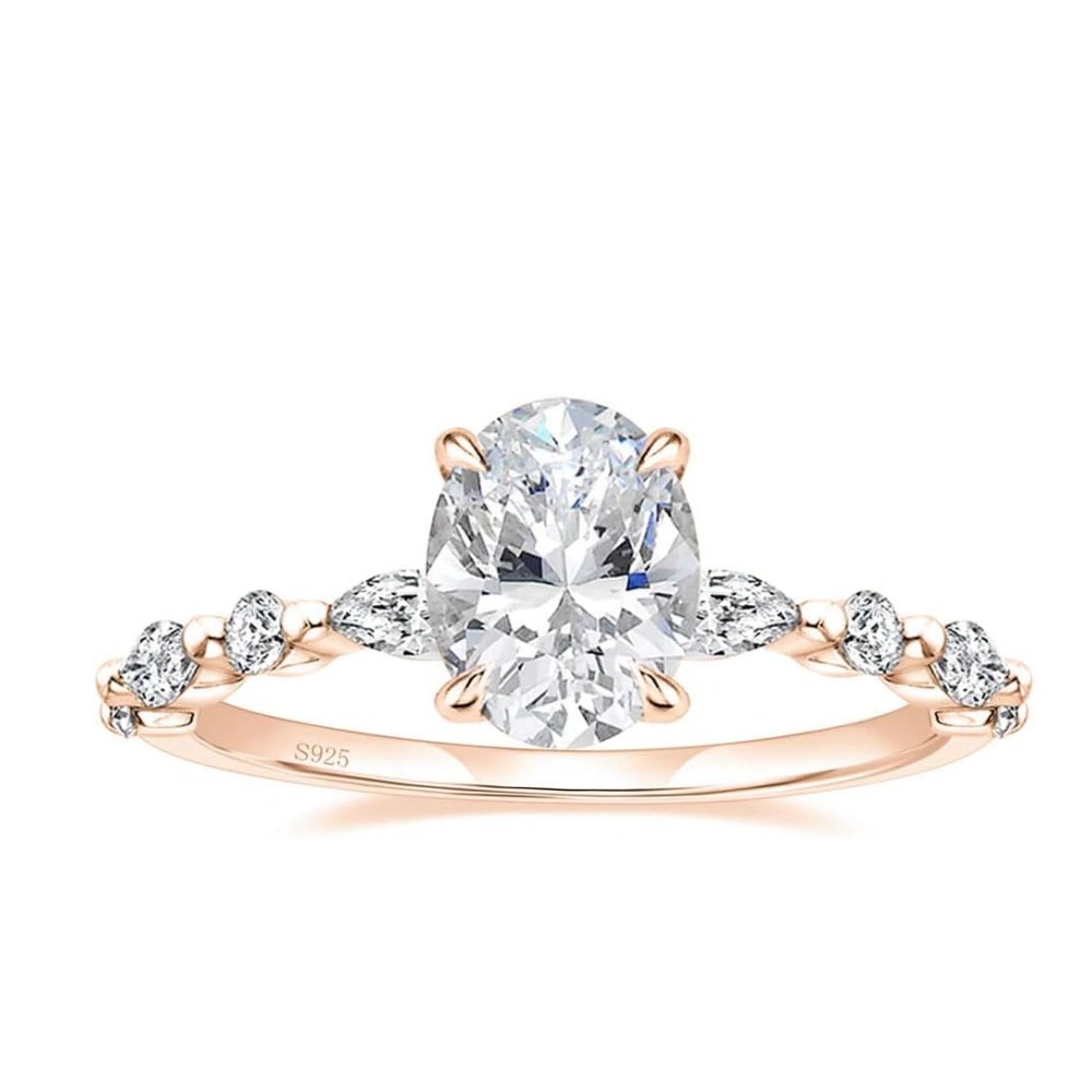 Solitaire Oval Cut Diamond White Sterling Silver Maqquise Sidestone Engagement Ring