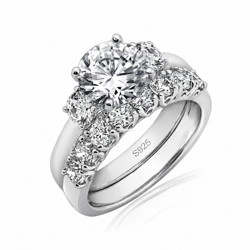Classic Round Cut Diamond White Sterling Silver Three Stone Bridal Ring Sets