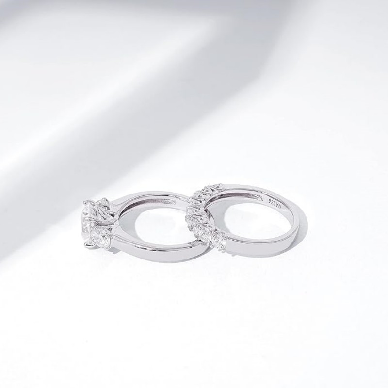 Classic Round Cut Diamond White Sterling Silver Three Stone Bridal Ring Sets