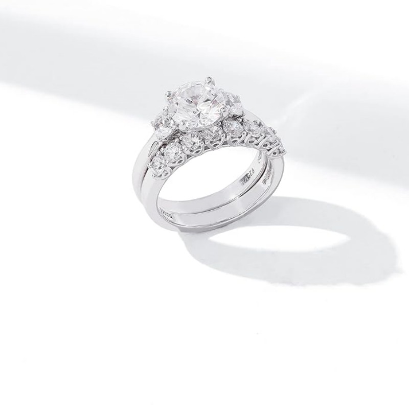 Classic Round Cut Diamond White Sterling Silver Three Stone Bridal Ring Sets