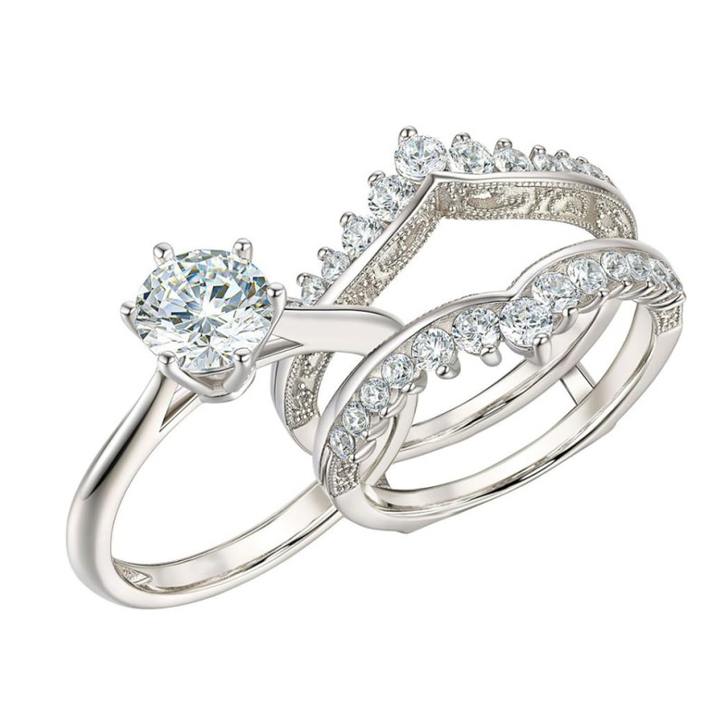 Vintage Solitaire Round Cut Diamond White 925 Sterling Silver Enhancer Ring Sets