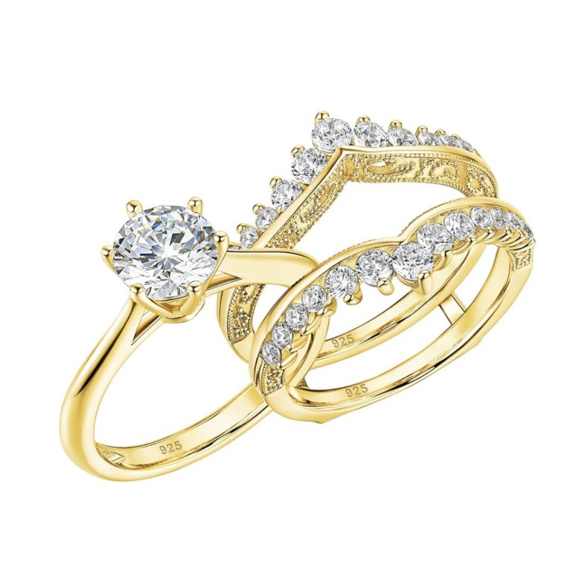 Vintage Solitaire Round Cut Diamond White 925 Sterling Silver Enhancer Ring Sets