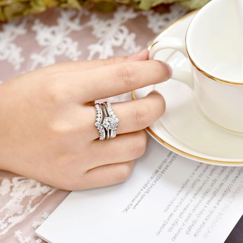 Vintage Solitaire Round Cut Diamond White 925 Sterling Silver Enhancer Ring Sets