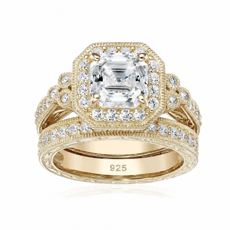 Vintage Asscher Cut Diamond White 925 Sterling Silver 2-Piece Halo Bridal Ring Sets