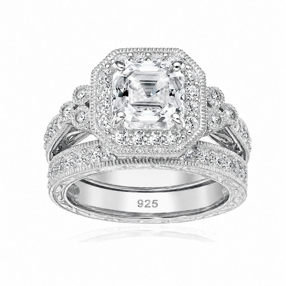 Vintage Asscher Cut Diamond White 925 Sterling Silver 2-Piece Halo Bridal Ring Sets