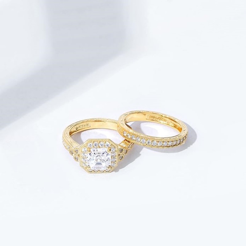 Vintage Asscher Cut Diamond White 925 Sterling Silver 2-Piece Halo Bridal Ring Sets