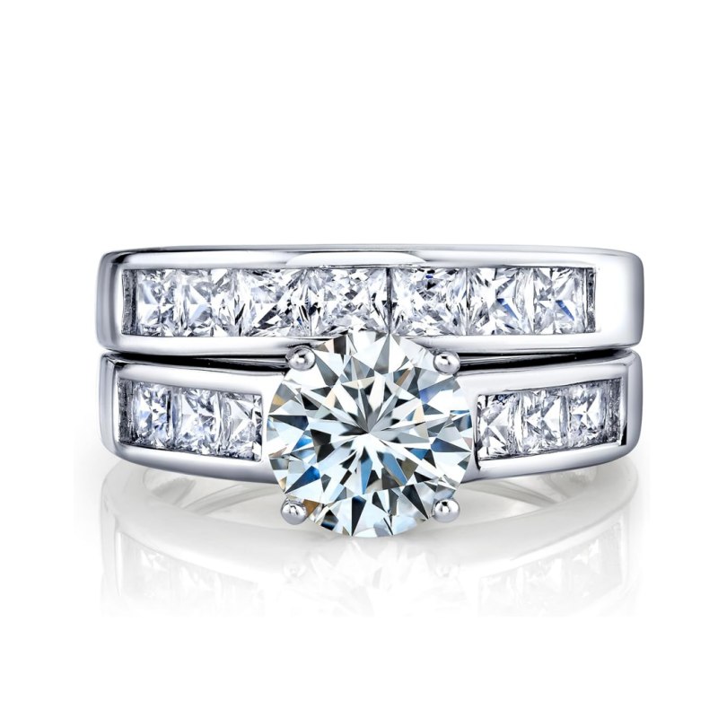 Round Cut Diamond White 925 Sterling Silver 2-Piece Sterling Silver Ring Sets