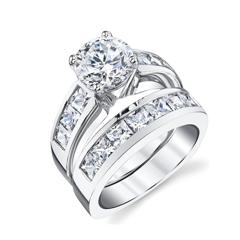 Round Cut Diamond White 925 Sterling Silver 2-Piece Sterling Silver Ring Sets