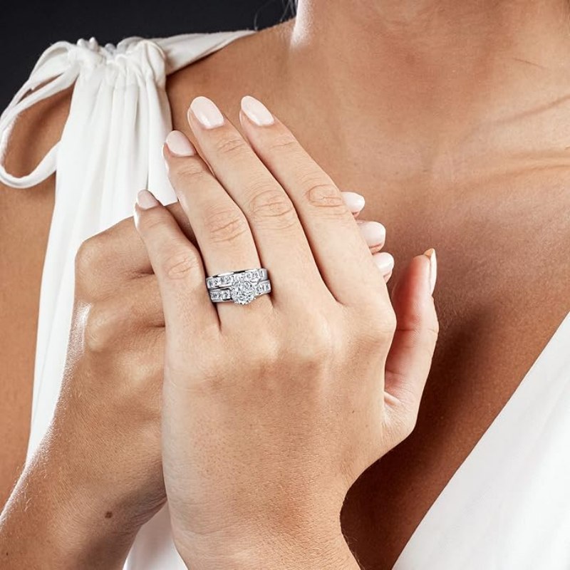 Round Cut Diamond White 925 Sterling Silver 2-Piece Sterling Silver Ring Sets