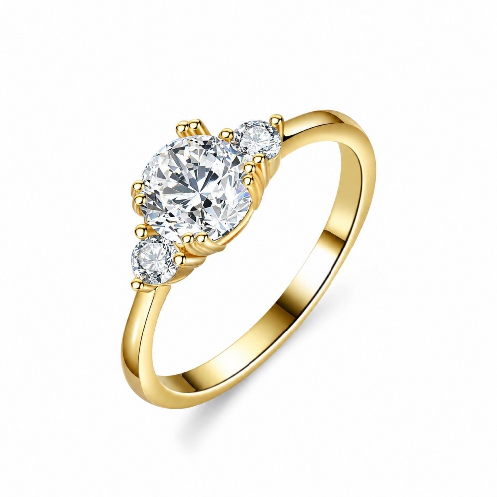 Minimalist Yellow Gold Round Cut Moissanite Sterling Silver Three Stone Engagement Ring