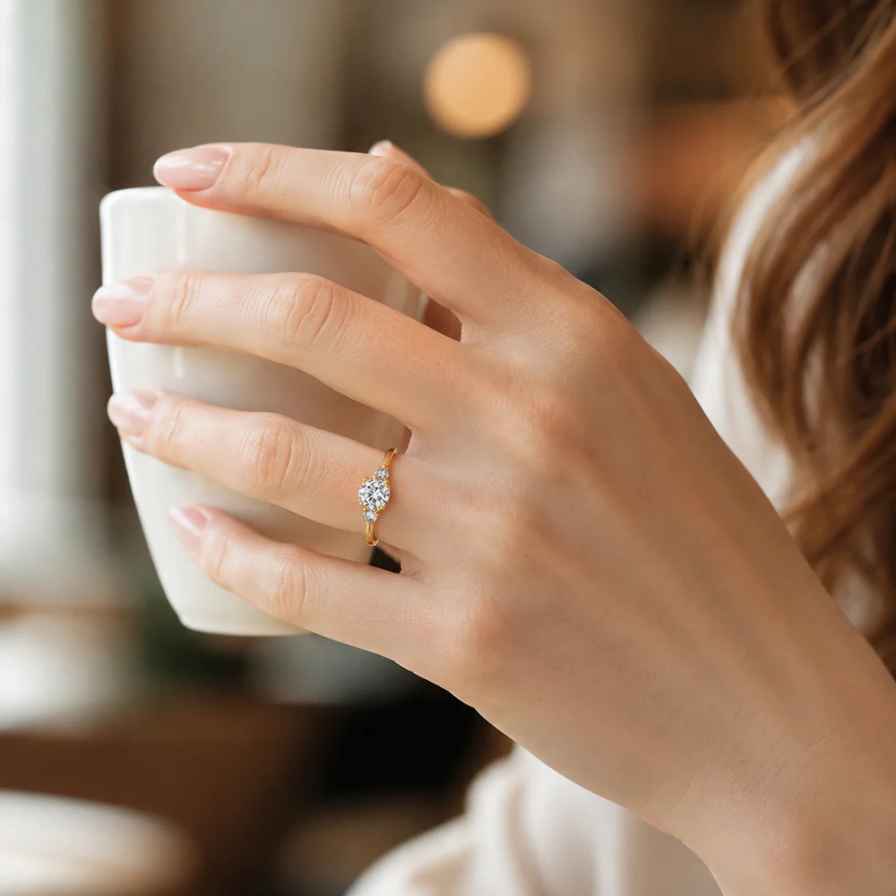 Minimalist Yellow Gold Round Cut Moissanite Sterling Silver Three Stone Engagement Ring