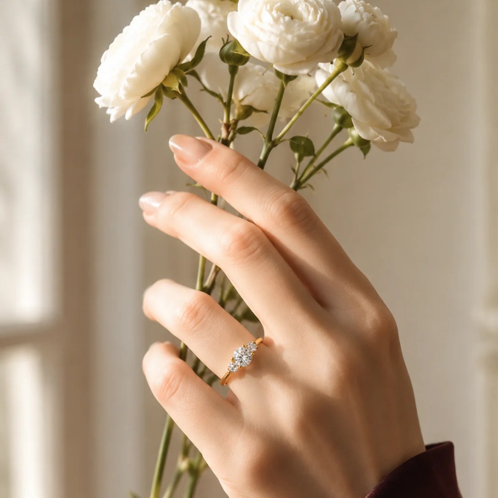 Minimalist Yellow Gold Round Cut Moissanite Sterling Silver Three Stone Engagement Ring
