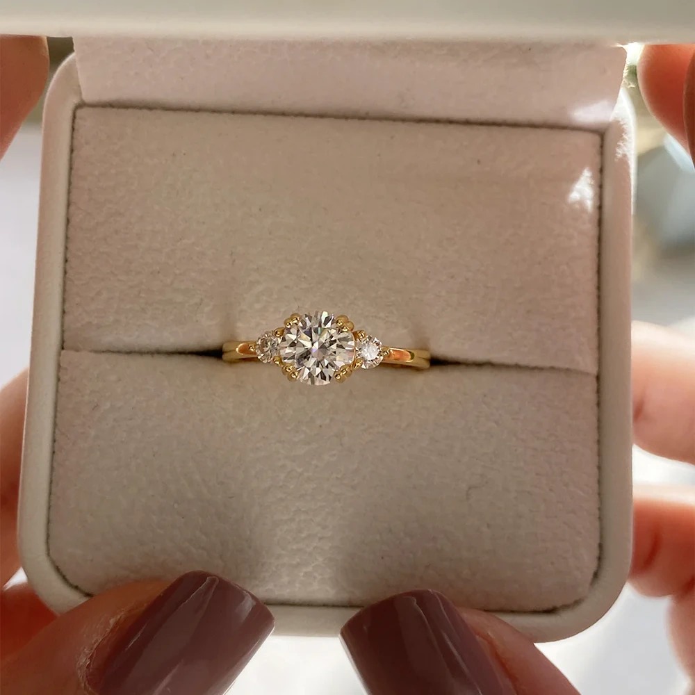 Minimalist Yellow Gold Round Cut Moissanite Sterling Silver Three Stone Engagement Ring