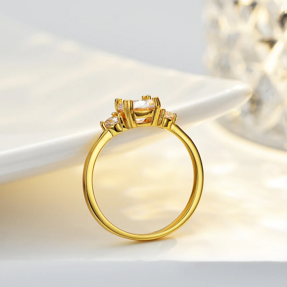 Minimalist Yellow Gold Round Cut Moissanite Sterling Silver Three Stone Engagement Ring