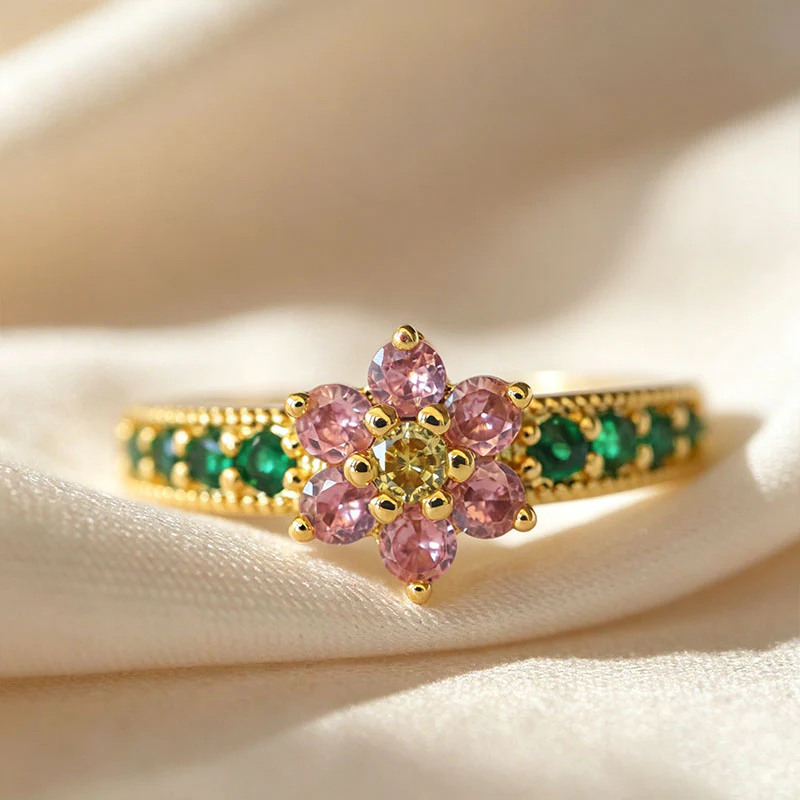Dainty Round Cut Fancy Pink & Emerald Green 925 Sterling Silver Lotus Women's Ring