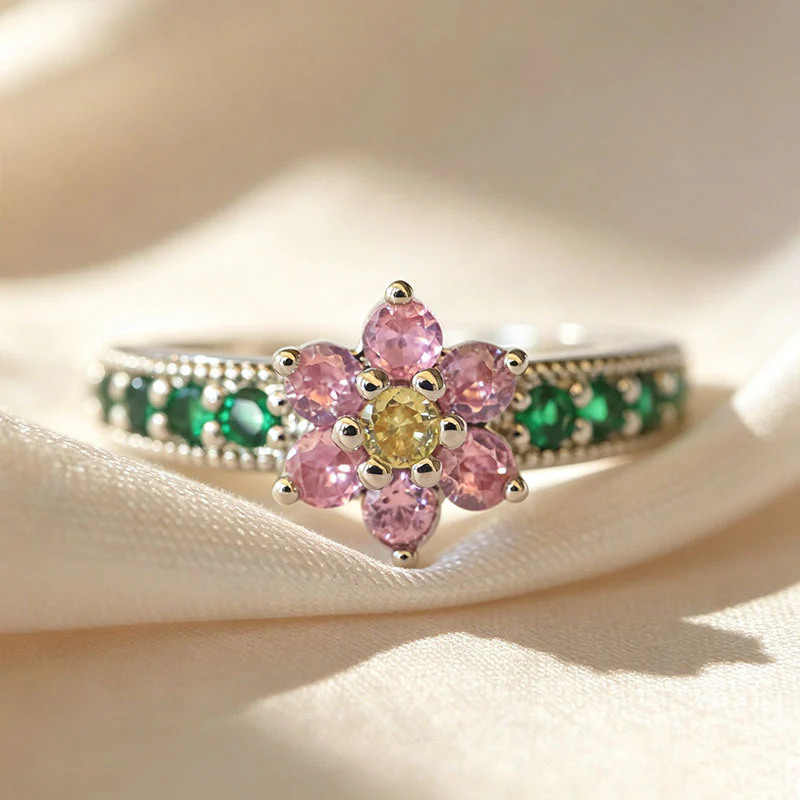 Dainty Round Cut Fancy Pink & Emerald Green 925 Sterling Silver Lotus Women's Ring