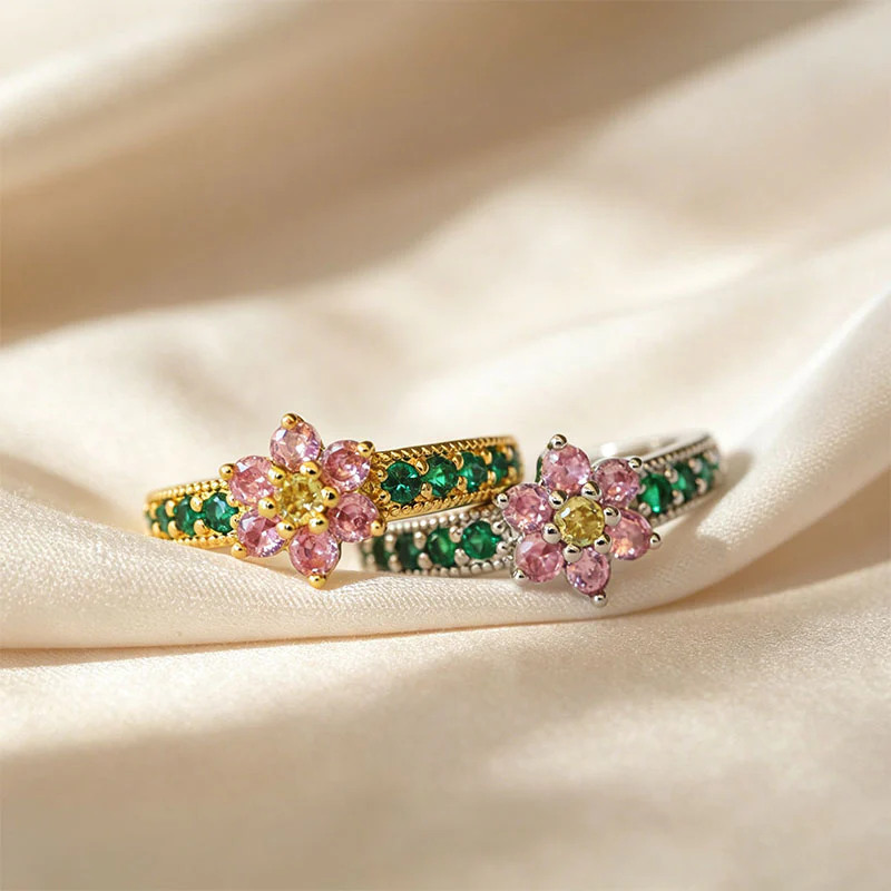 Dainty Round Cut Fancy Pink & Emerald Green 925 Sterling Silver Lotus Women's Ring
