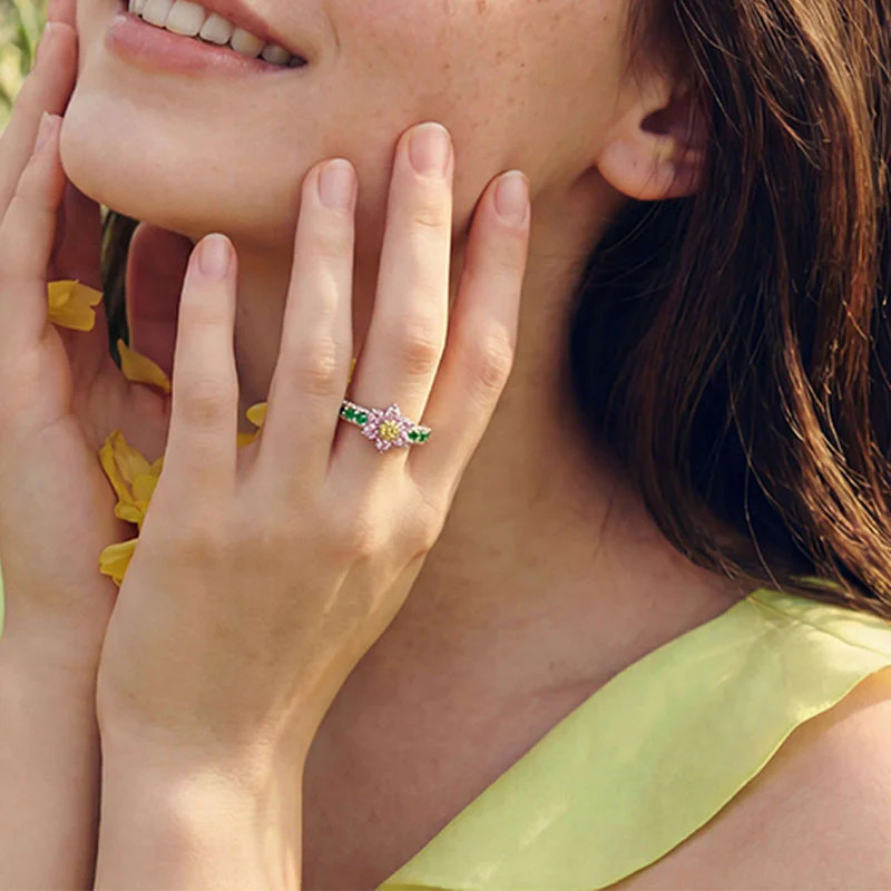 Dainty Round Cut Fancy Pink & Emerald Green 925 Sterling Silver Lotus Women's Ring