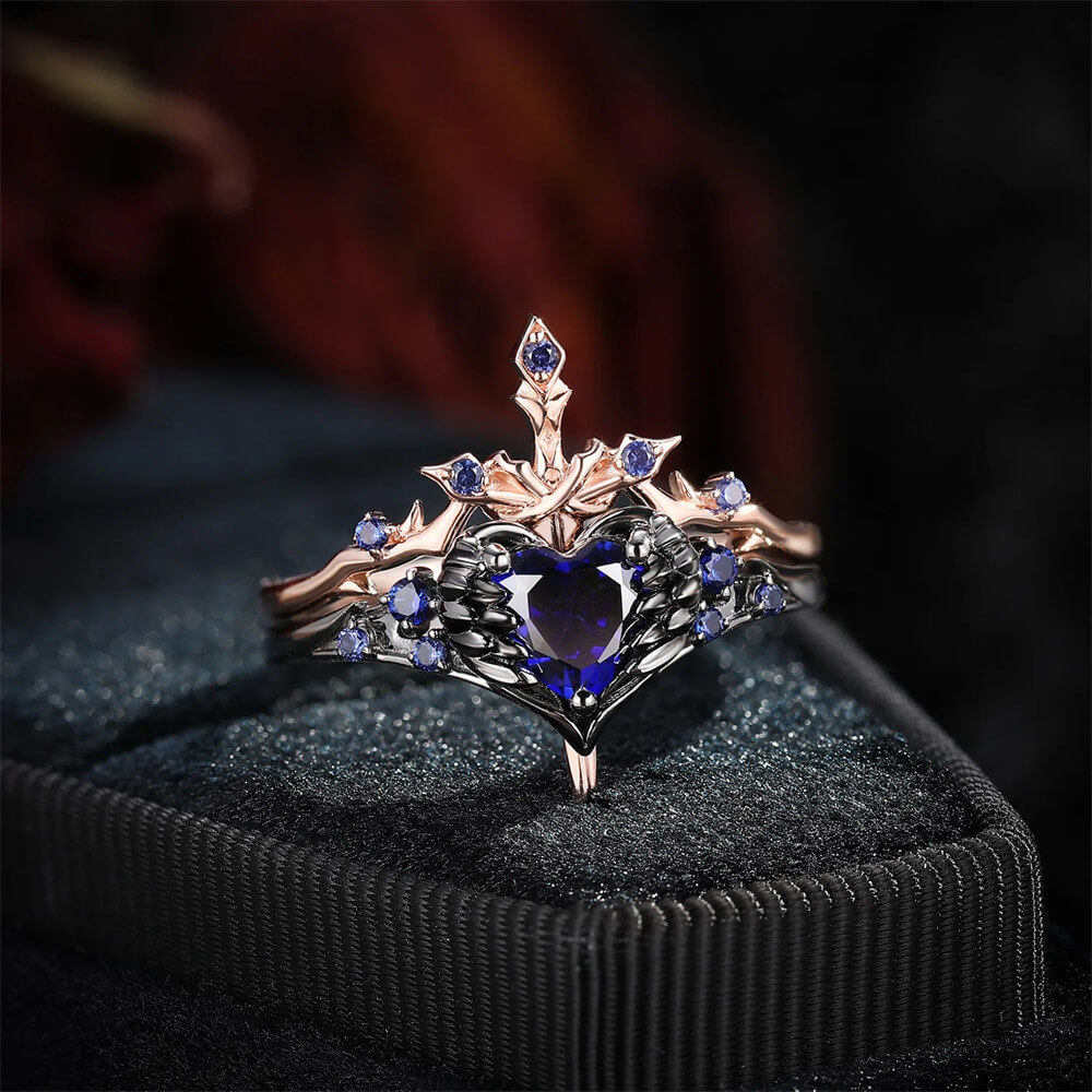 Enchanted Gothic Crown Sterling Silver Ring Set – Heart of Black Feathers and Thornbound Eternal Sword Design