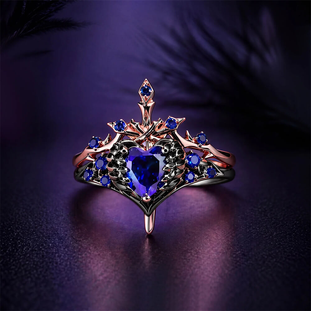 Enchanted Gothic Crown Sterling Silver Ring Set – Heart of Black Feathers and Thornbound Eternal Sword Design