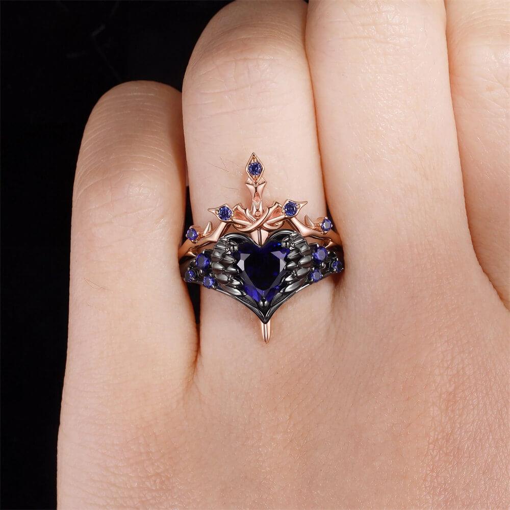 Enchanted Gothic Crown Sterling Silver Ring Set – Heart of Black Feathers and Thornbound Eternal Sword Design