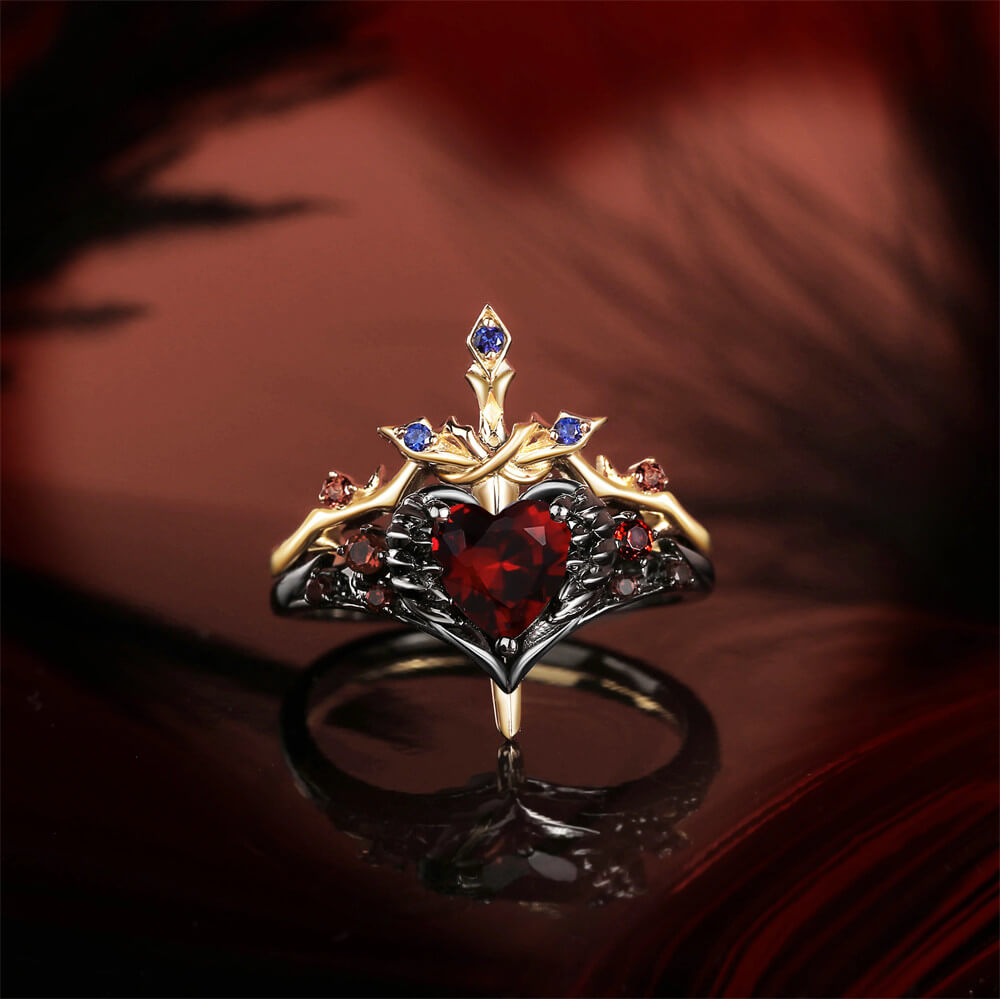 Enchanted Gothic Crown Sterling Silver Ring Set – Heart of Black Feathers and Thornbound Eternal Sword Design