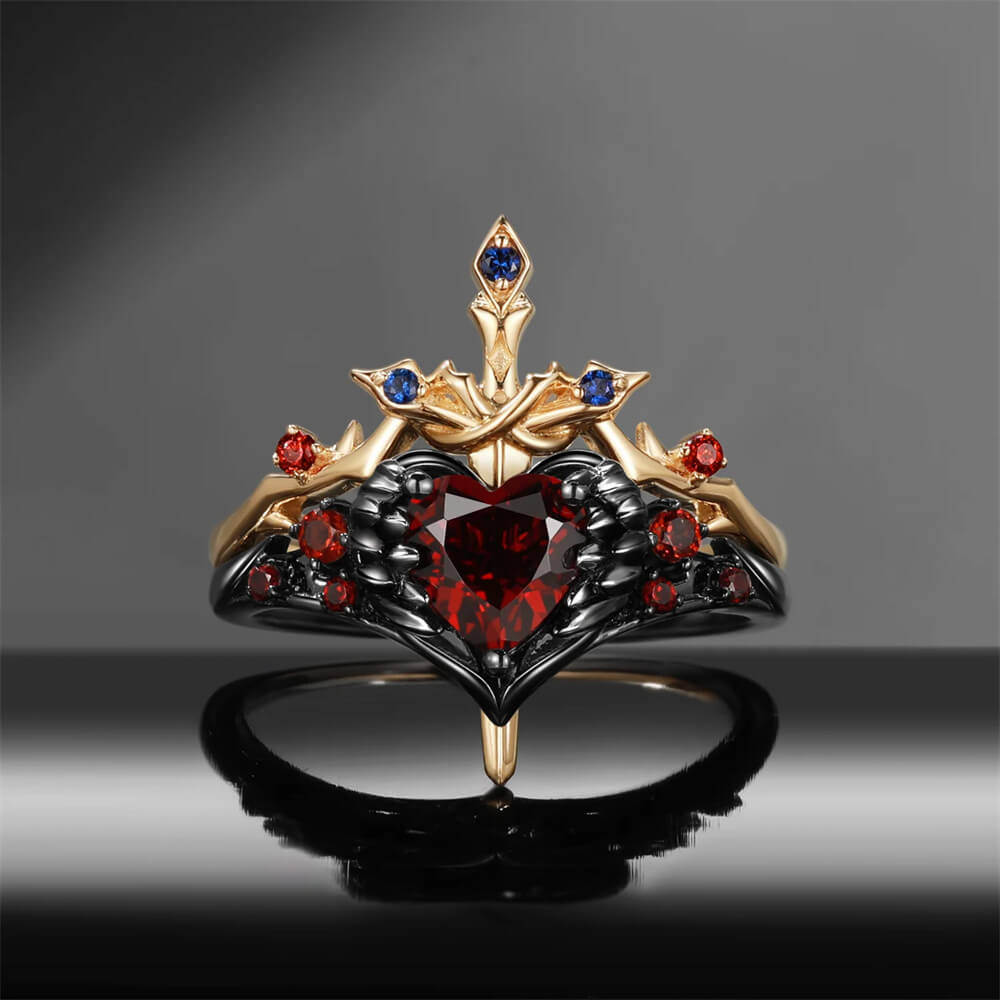 Enchanted Gothic Crown Sterling Silver Ring Set – Heart of Black Feathers and Thornbound Eternal Sword Design
