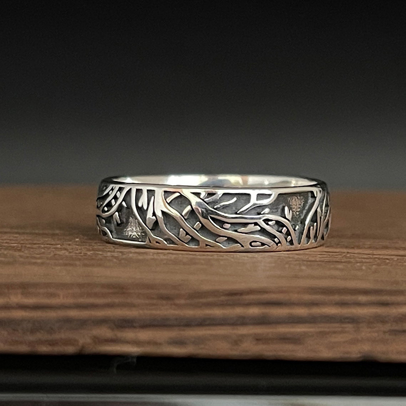Oxidized Tree Branch Band Ring in 925 Sterling Silver