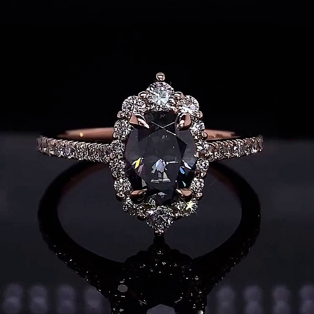 Oval Cut Fancy Black Rose Gold Halo Engagement Ring in 925 Sterling Silver
