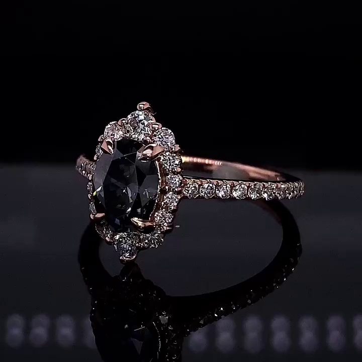 Oval Cut Fancy Black Rose Gold Halo Engagement Ring in 925 Sterling Silver