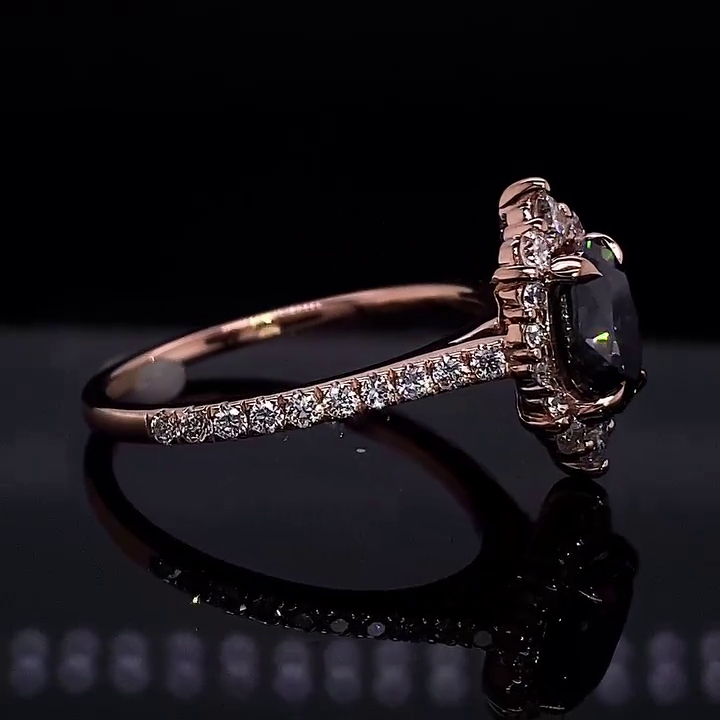 Oval Cut Fancy Black Rose Gold Halo Engagement Ring in 925 Sterling Silver