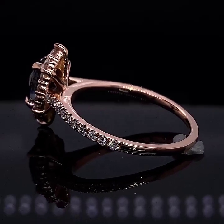 Oval Cut Fancy Black Rose Gold Halo Engagement Ring in 925 Sterling Silver